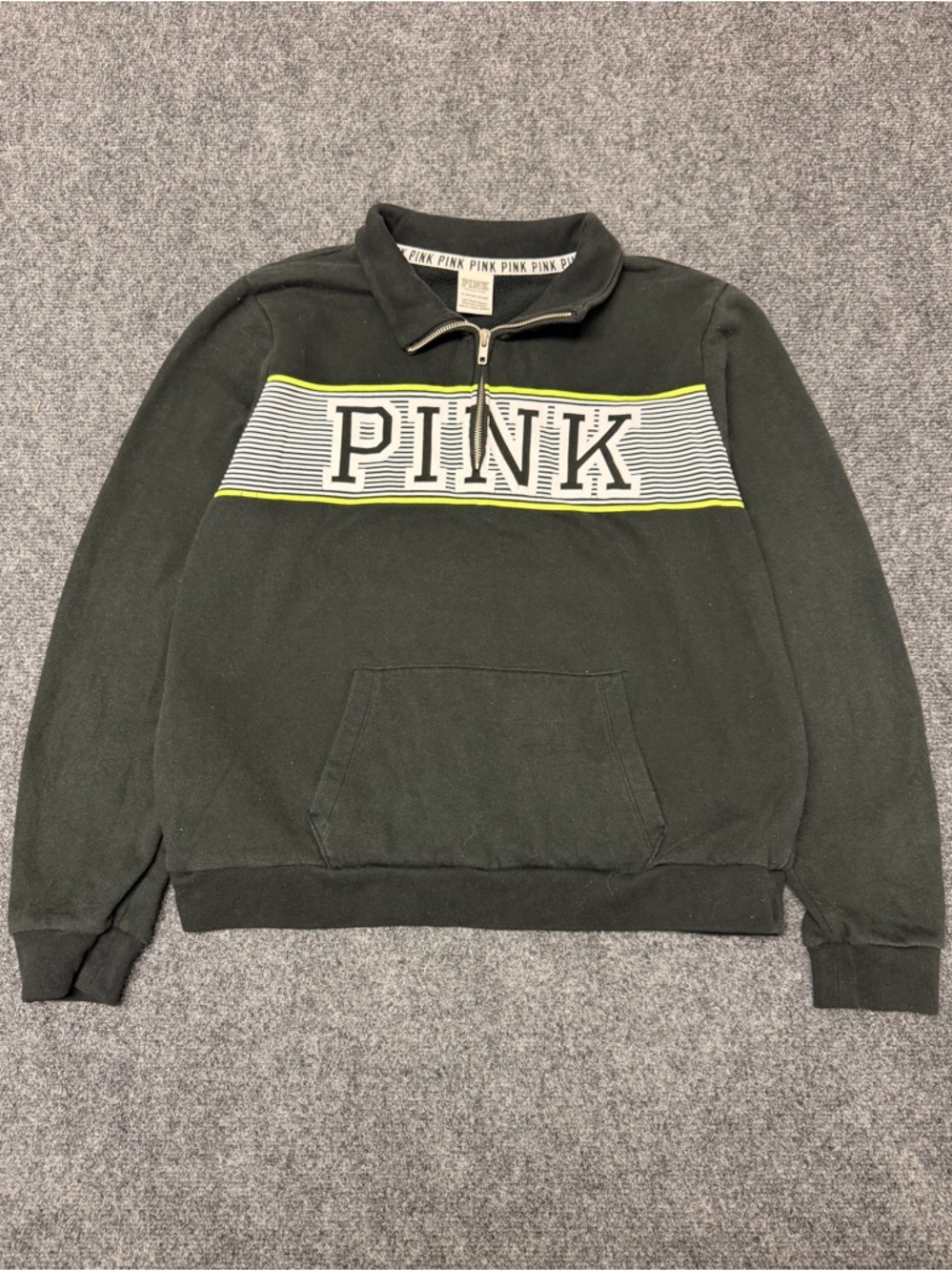 PINK Victoria's‎ Secret Dark Green Half-Zip Sweatshirt with Neon Trim
